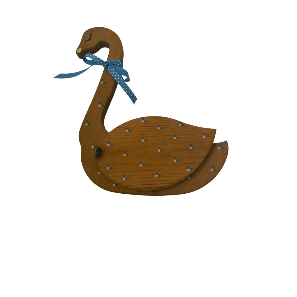 VTG Wooden Swan Wall Pocket Country Cottage Grandma Core 1980's Decor Blue Dots
